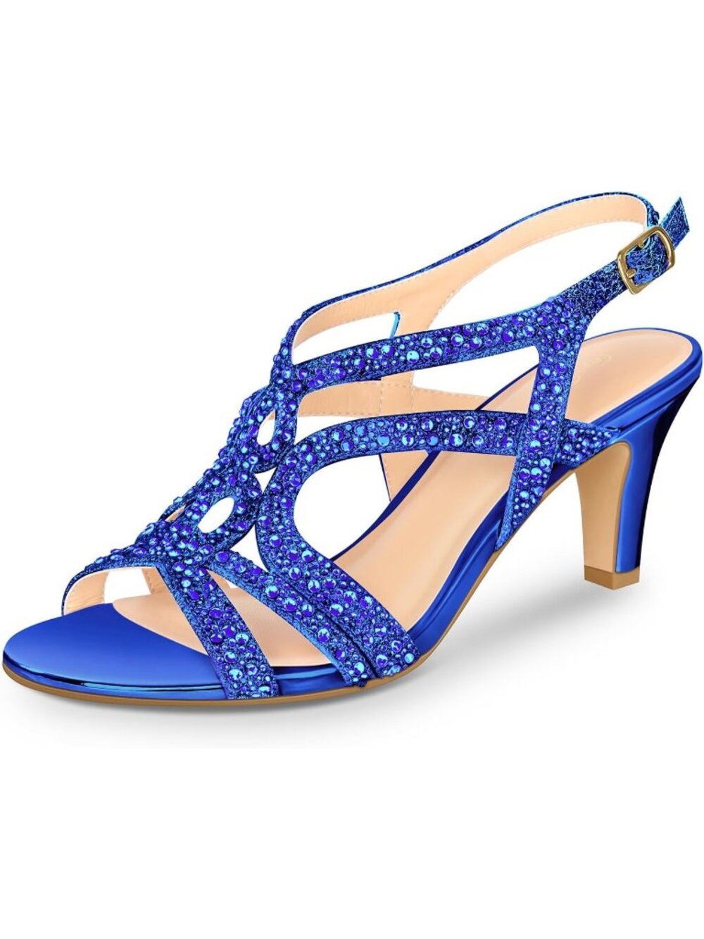 Women's Blue Rhinestone Slingback Heels Open Toe Sparkle Wedding Sandals